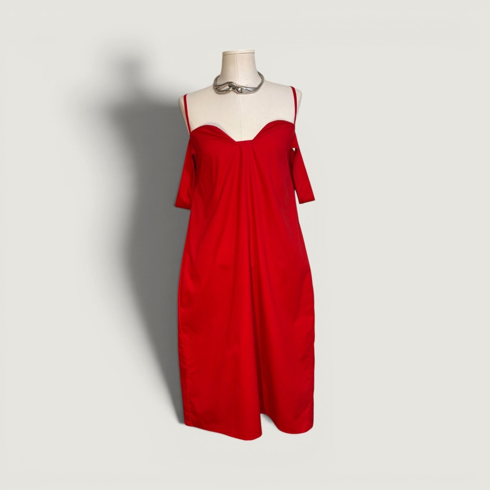 Toit Volant Cold Shoulder Midi Dress Red Pockets Small NWOT Made in LA